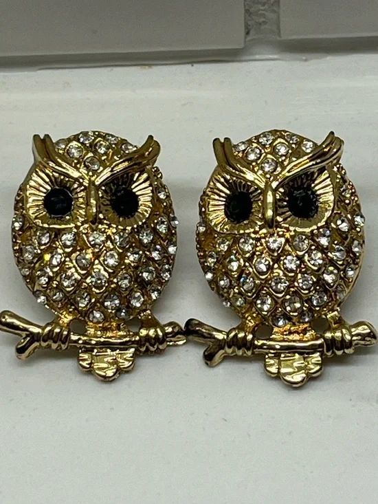Gold Crystal Owl Stud Earrings - Women's Jewelry - Picture 1 of 4